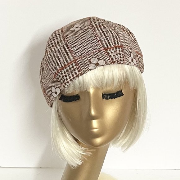 Brown floral plaid fabric beret hat